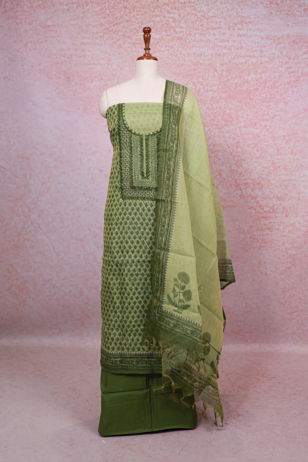 Green Tissue Silk Printed Unstitched Churidhar Material