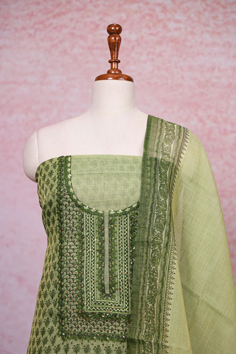Green Tissue Silk Printed Unstitched Churidhar Material