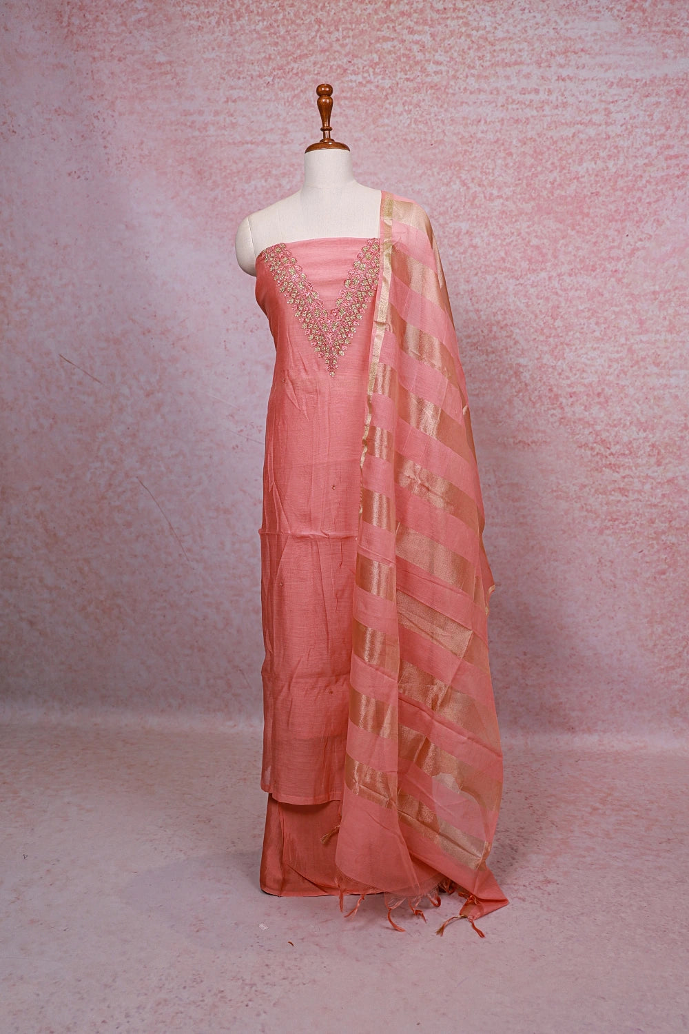 Peach Chanderi Silk Thread And Sequines Work Unstitched Churidhar Material