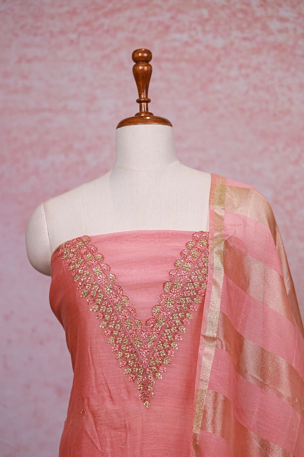 Peach Chanderi Silk Thread And Sequines Work Unstitched Churidhar Material