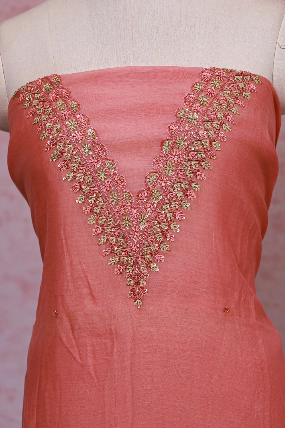 Peach Chanderi Silk Thread And Sequines Work Unstitched Churidhar Material