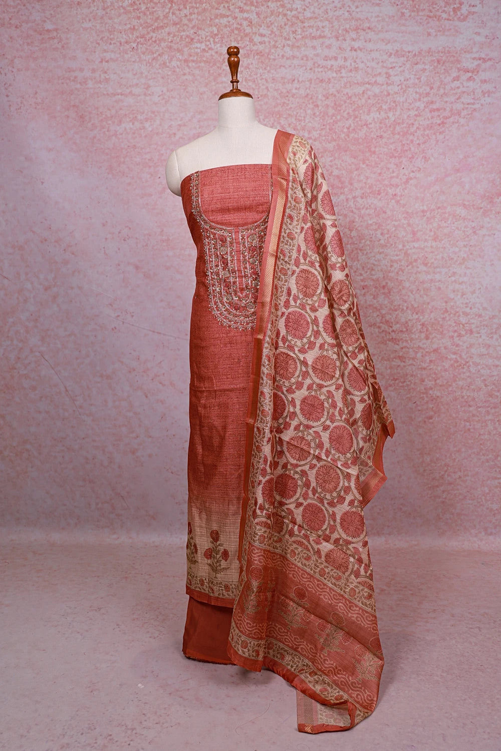 Burnt Orange Chanderi Silk Beads Work Unstitched Churidhar Material