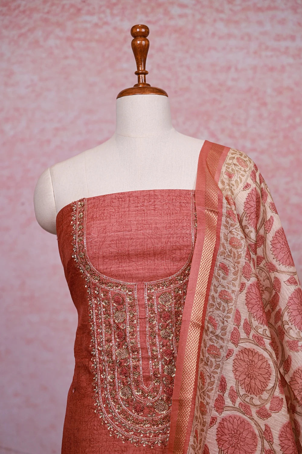 Burnt Orange Chanderi Silk Beads Work Unstitched Churidhar Material