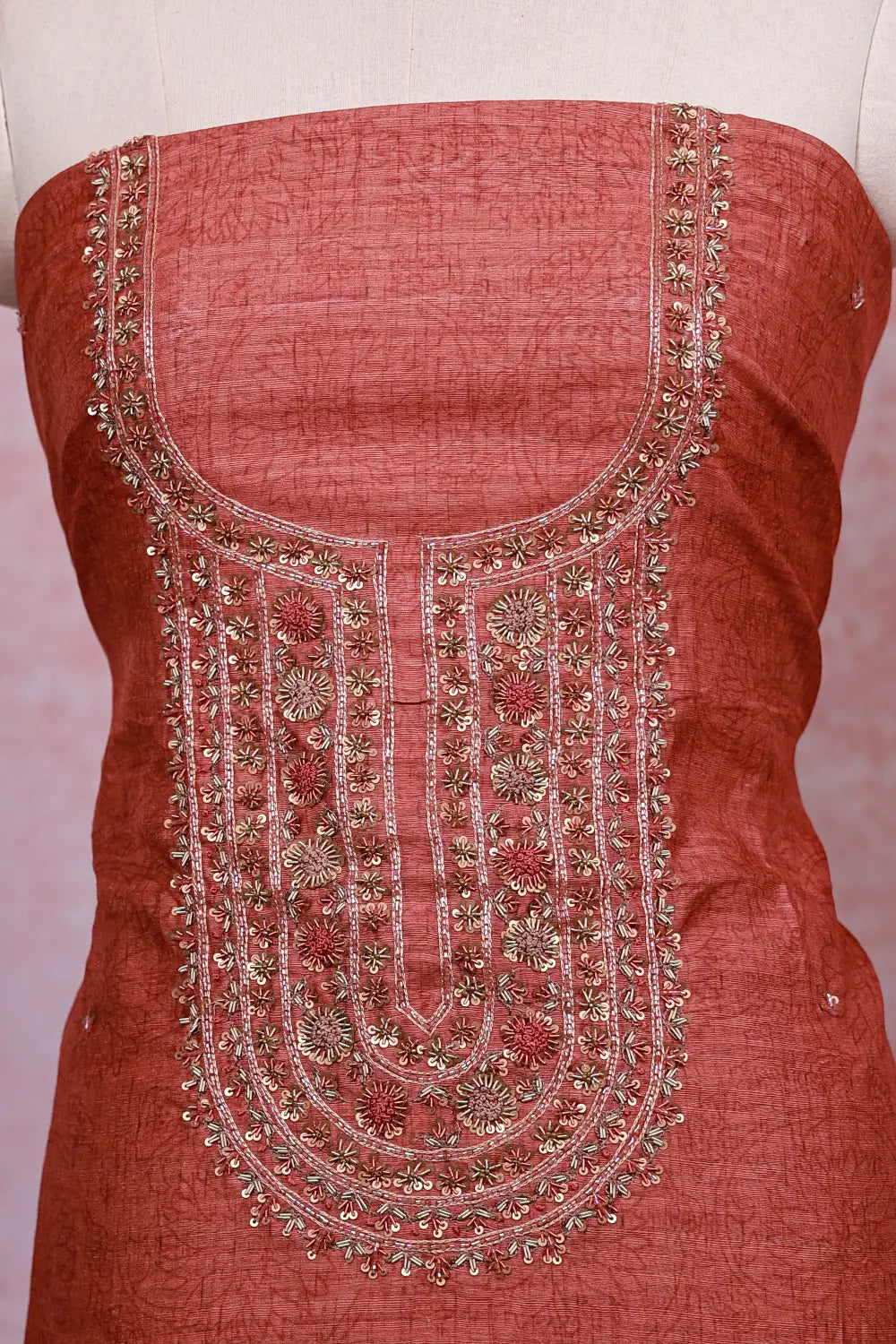 Burnt Orange Chanderi Silk Beads Work Unstitched Churidhar Material