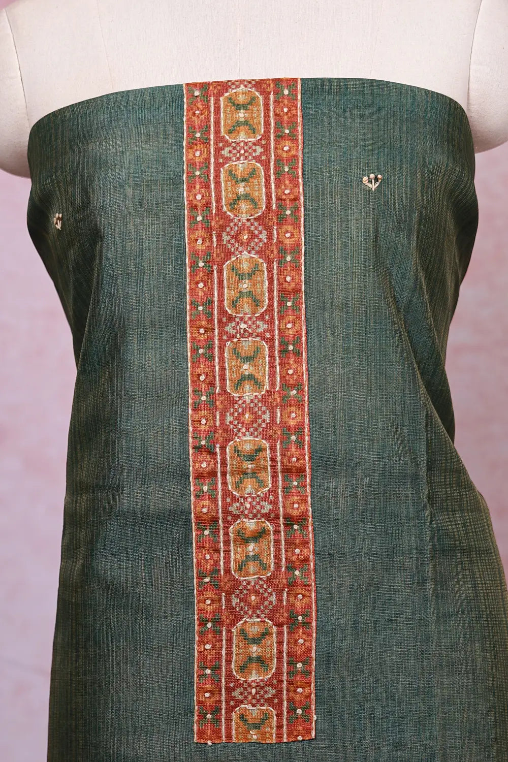 Green Tissue Silk Printed With Kantha Work Unstitched Churidhar Material
