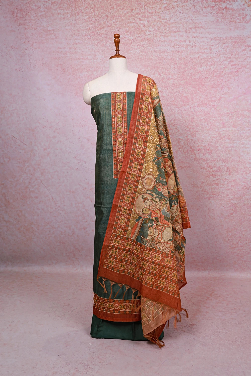 Green Tissue Silk Printed With Kantha Work Unstitched Churidhar Material