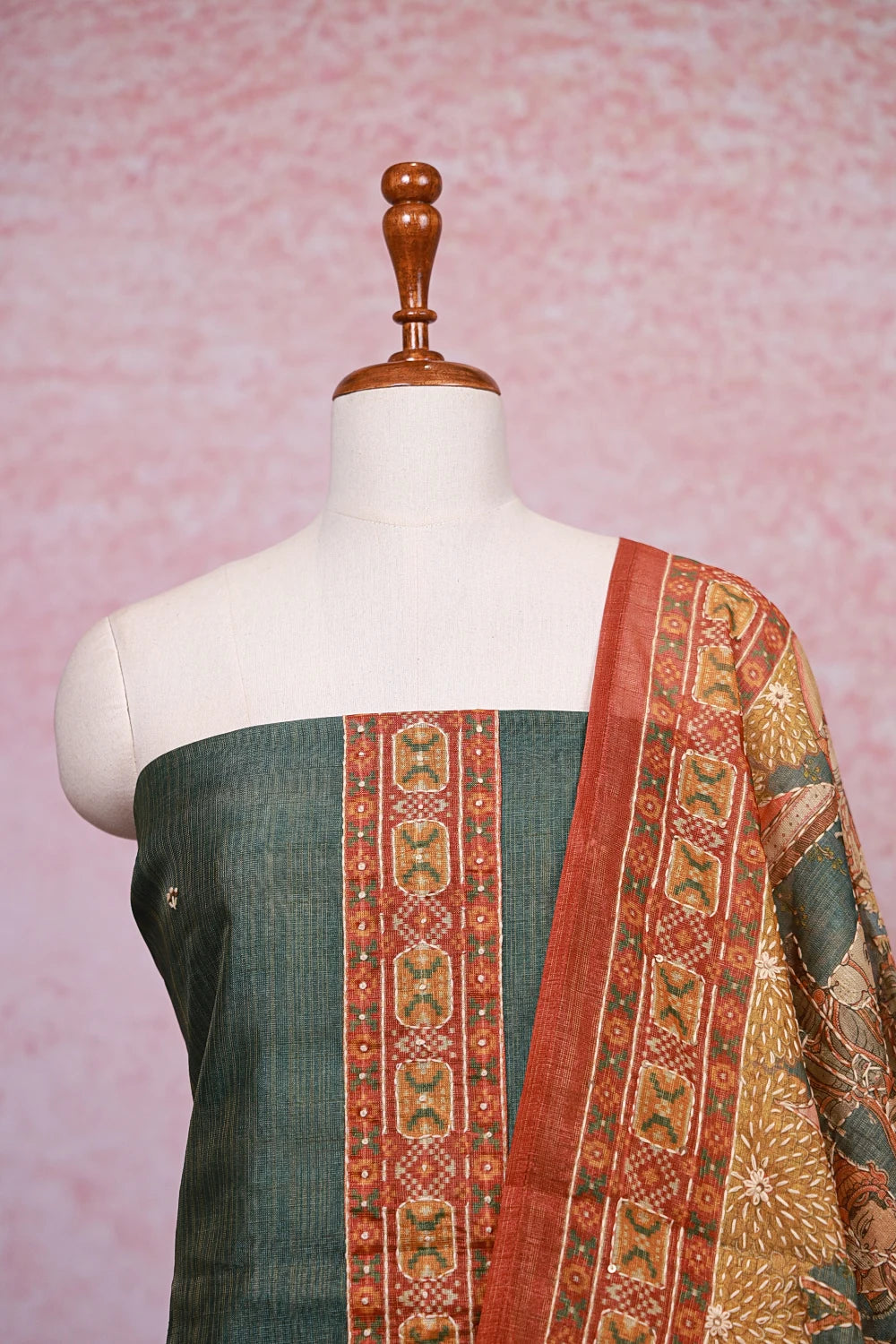 Green Tissue Silk Printed With Kantha Work Unstitched Churidhar Material