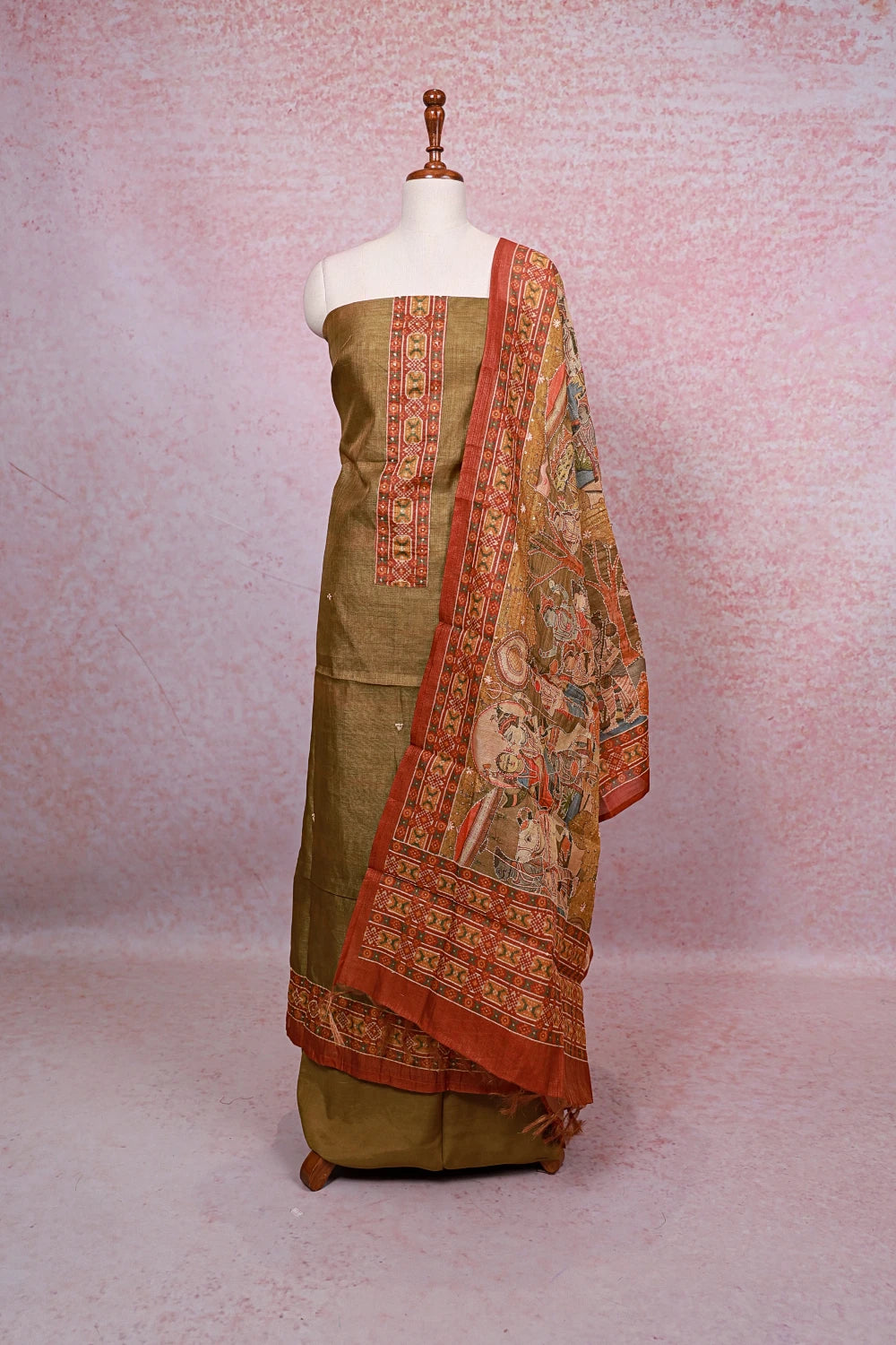 Moss Green Tissue Silk Printed And Kantha Work Unstitched Churidhar Material