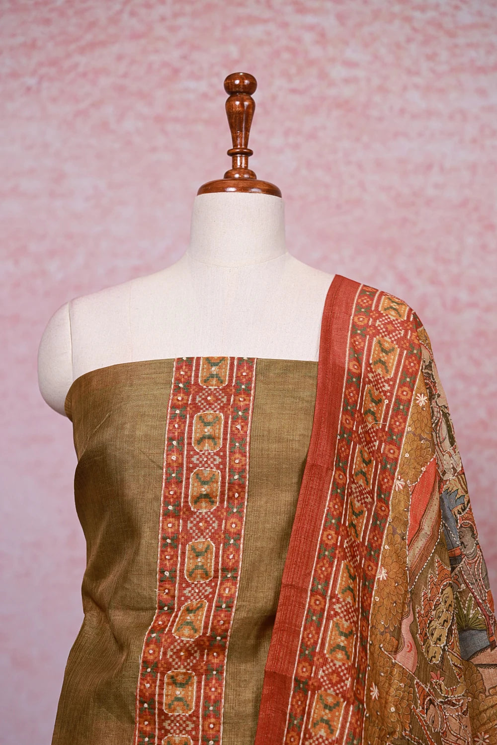 Moss Green Tissue Silk Printed And Kantha Work Unstitched Churidhar Material
