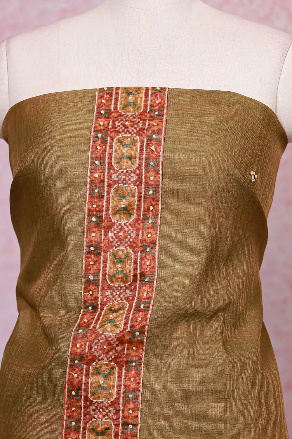 Moss Green Tissue Silk Printed And Kantha Work Unstitched Churidhar Material