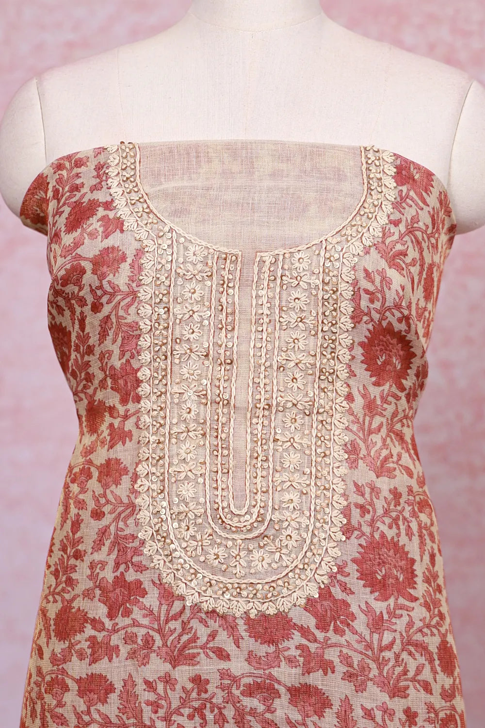 Cream Tissue Silk Printed Unstitched Churidhar Material