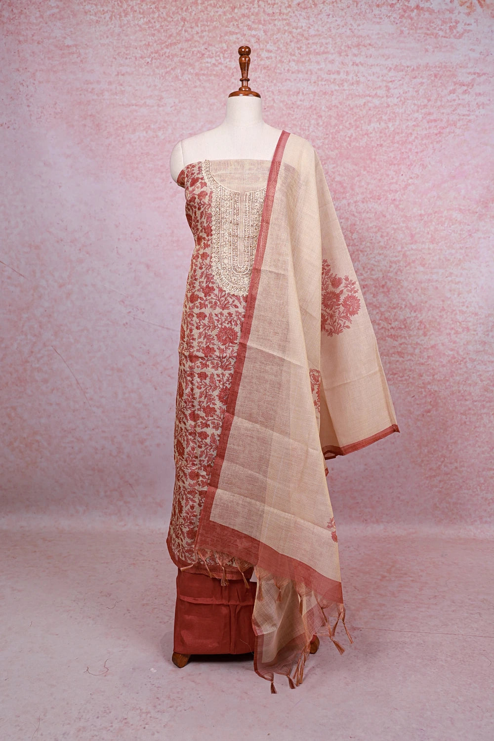 Cream Tissue Silk Printed Unstitched Churidhar Material