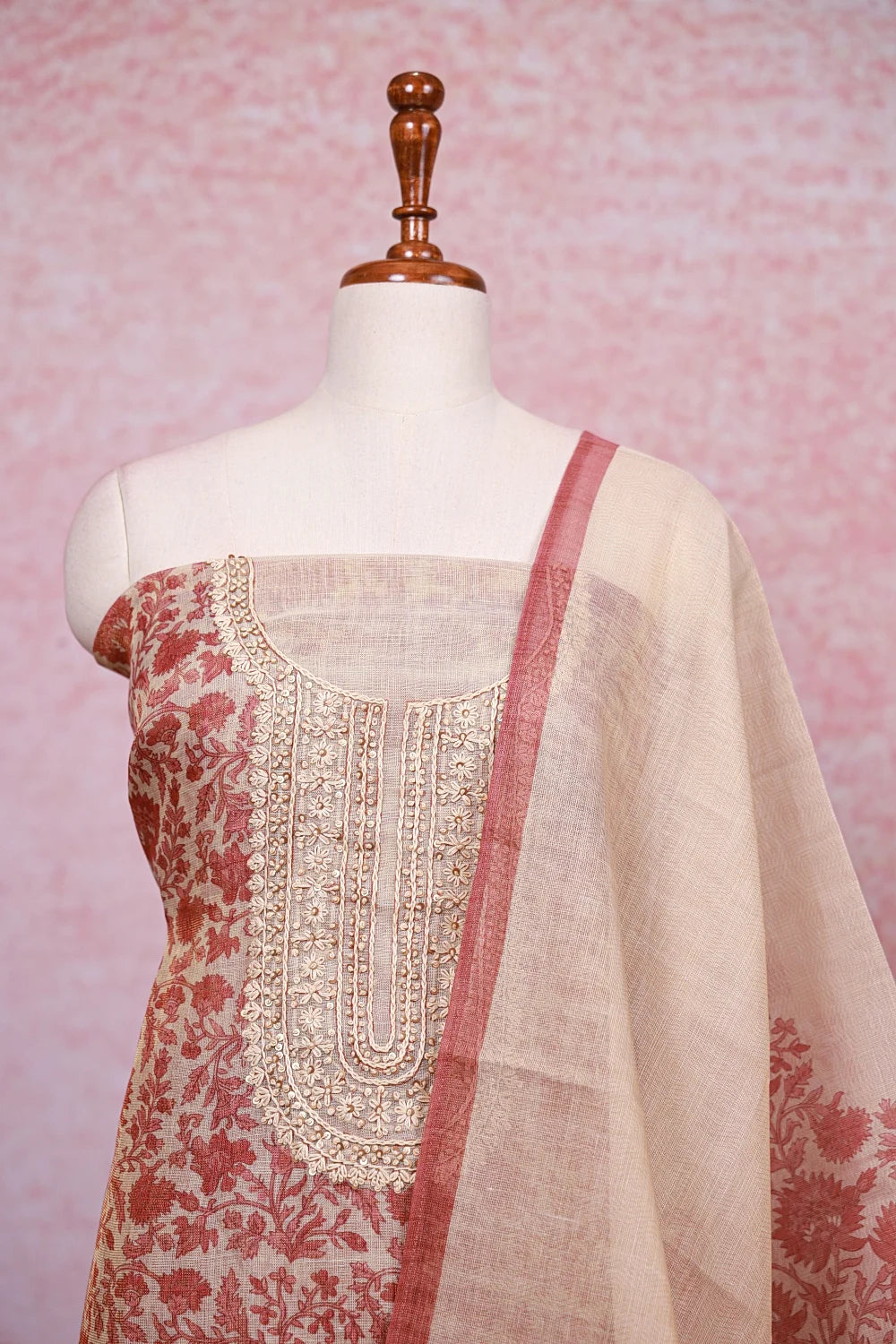 Cream Tissue Silk Printed Unstitched Churidhar Material