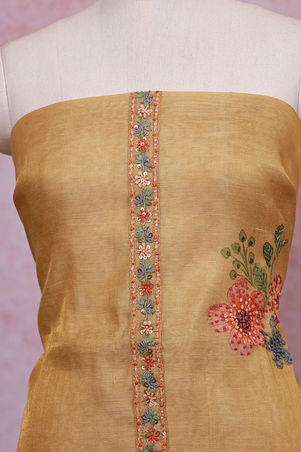 Golden Yellow Tissue Silk Thread Work Unstitched Churidhar Material