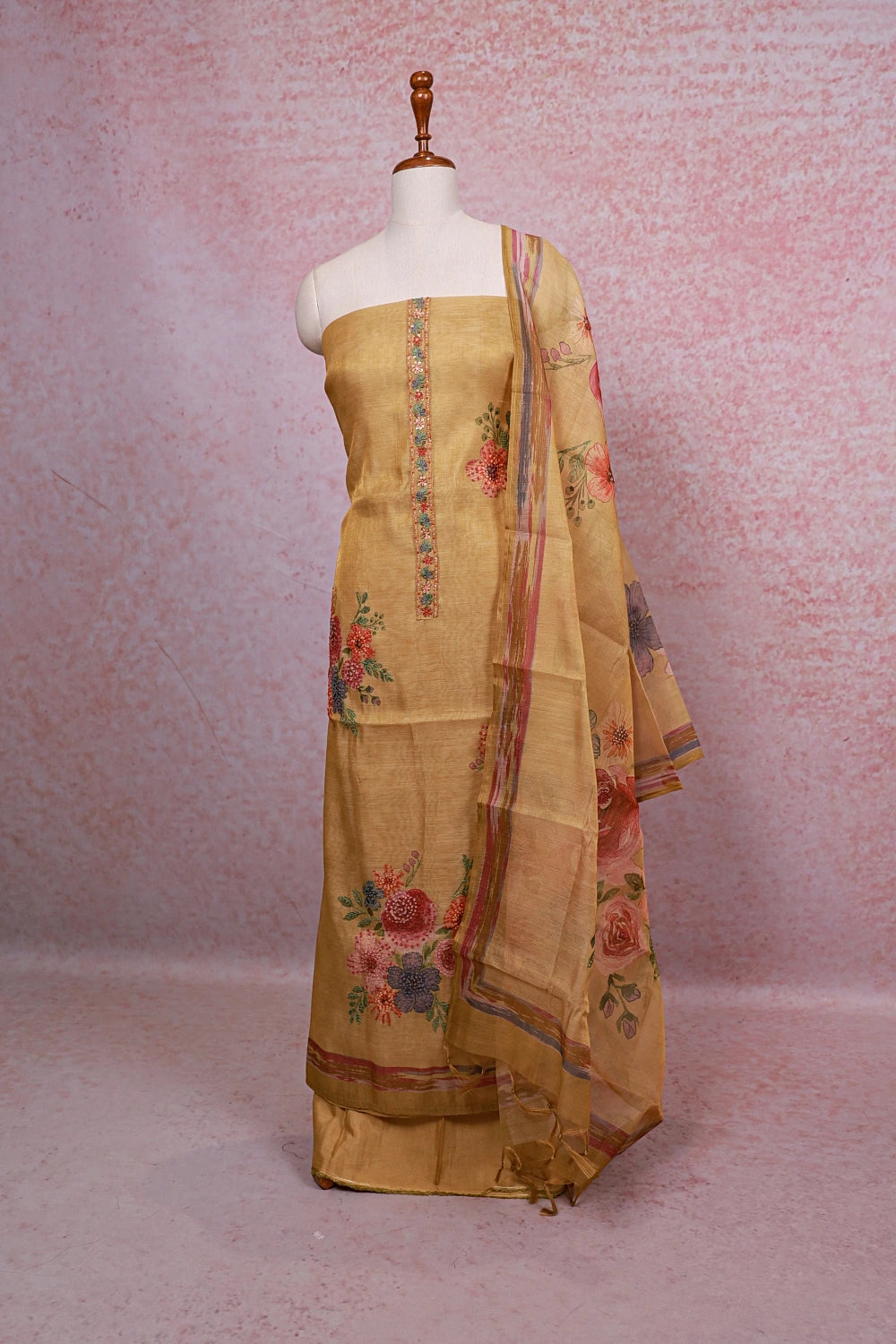 Golden Yellow Tissue Silk Thread Work Unstitched Churidhar Material