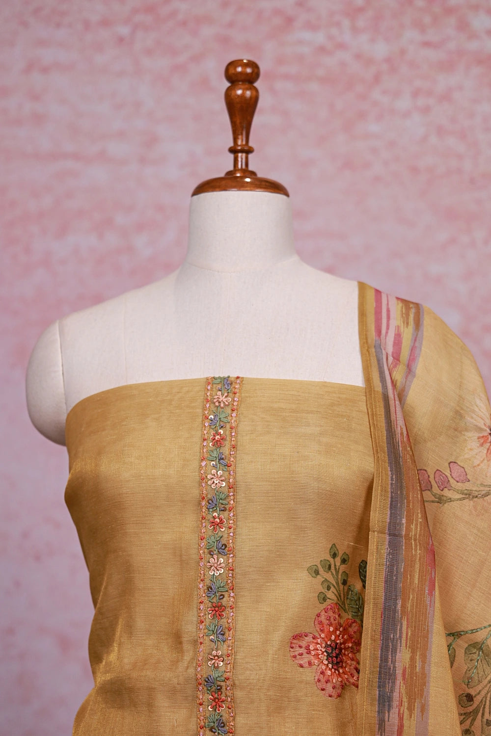 Golden Yellow Tissue Silk Thread Work Unstitched Churidhar Material