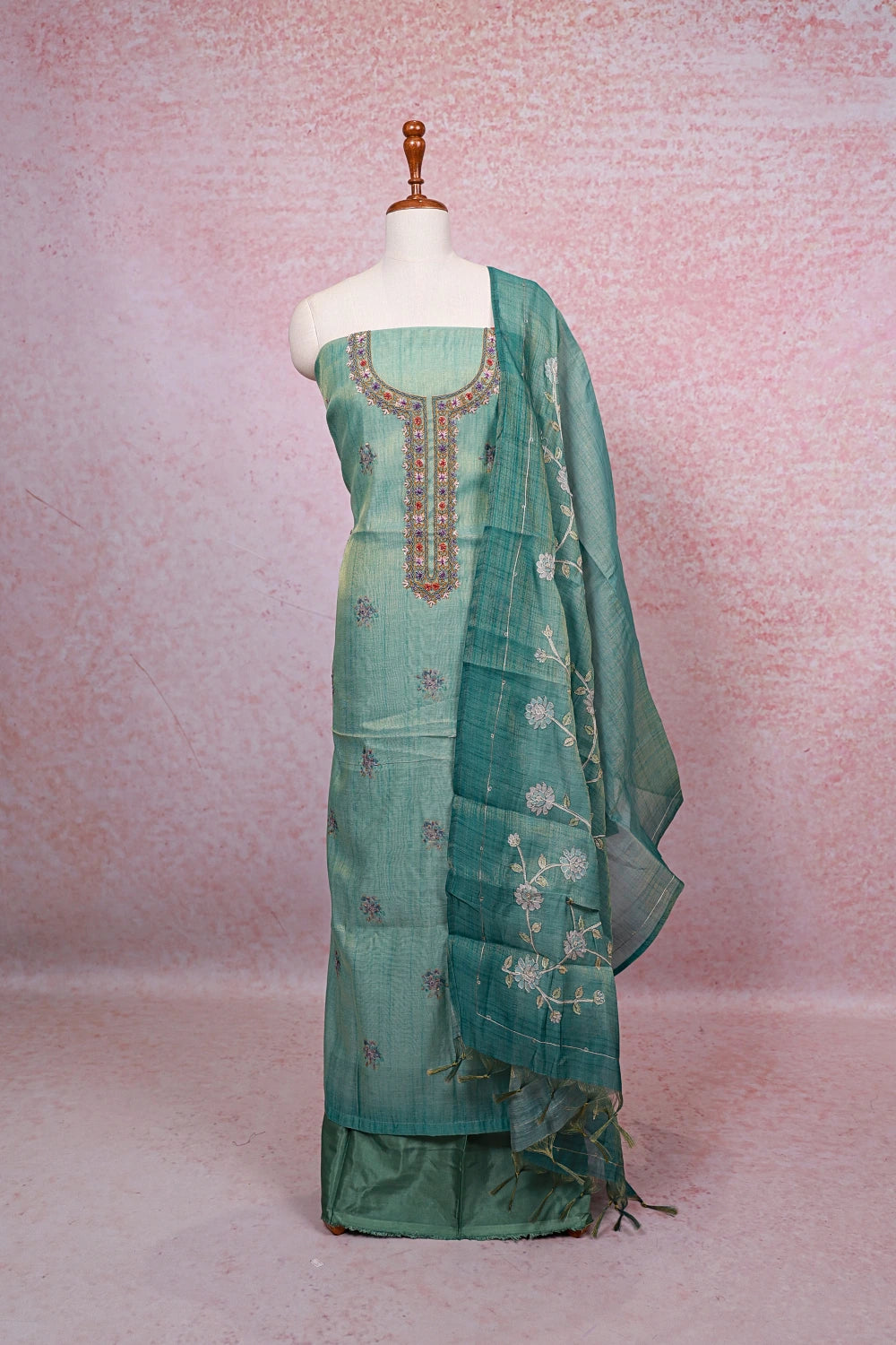 Sea Green Tissue Silk Beads Work Unstitched Churidhar Material