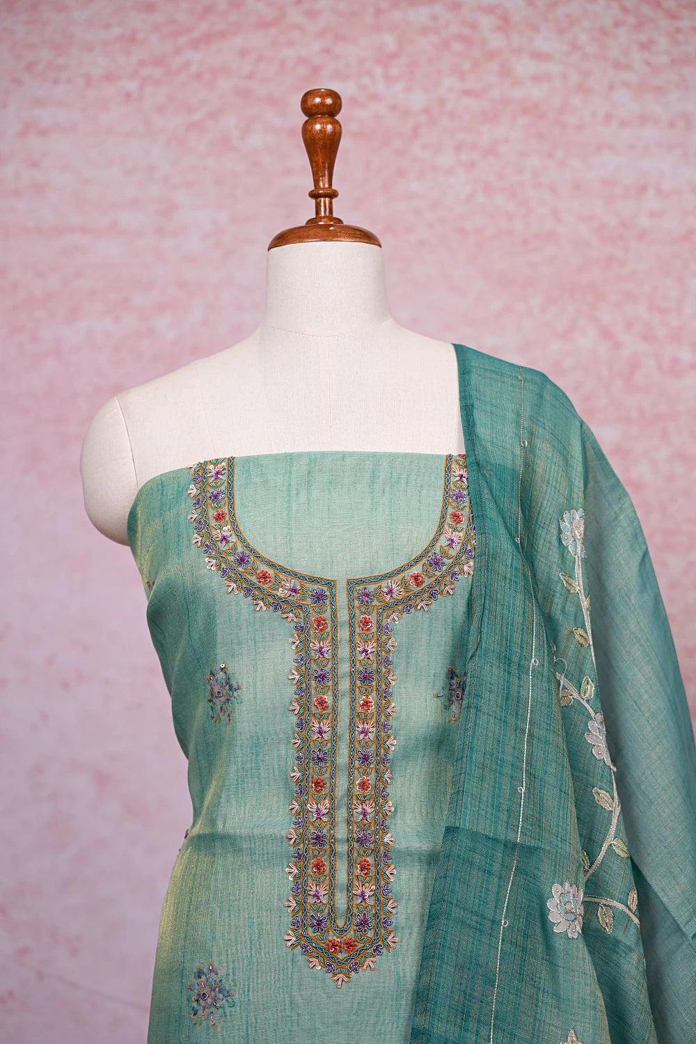 Sea Green Tissue Silk Beads Work Unstitched Churidhar Material