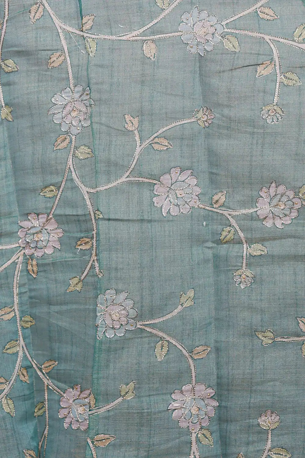 Sea Green Tissue Silk Beads Work Unstitched Churidhar Material