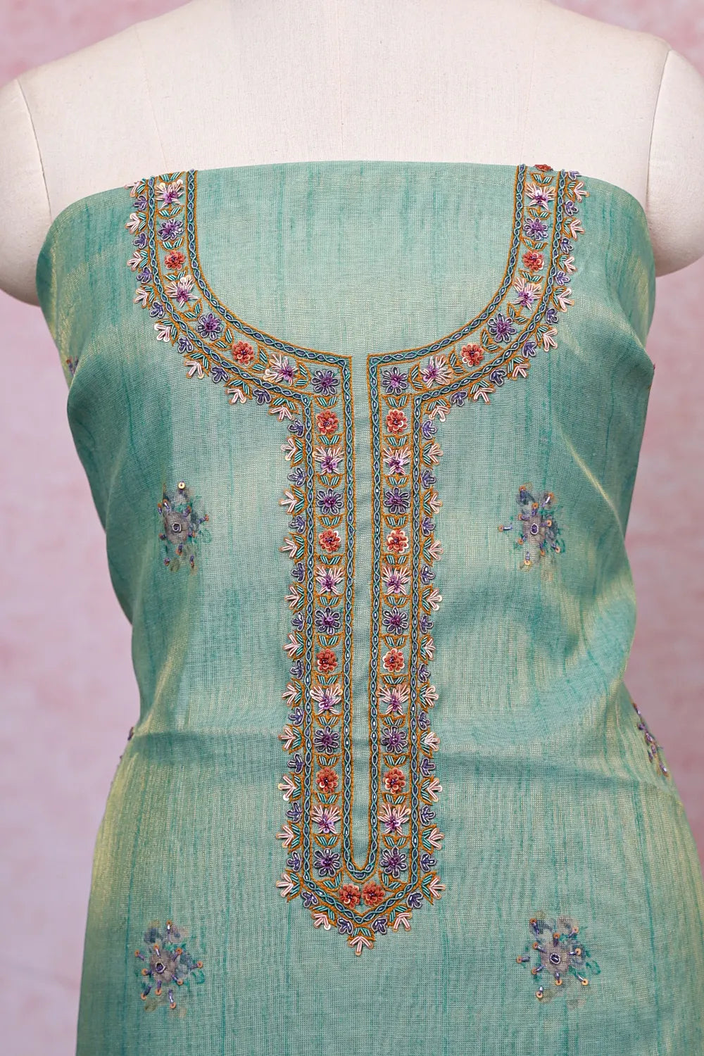 Sea Green Tissue Silk Beads Work Unstitched Churidhar Material