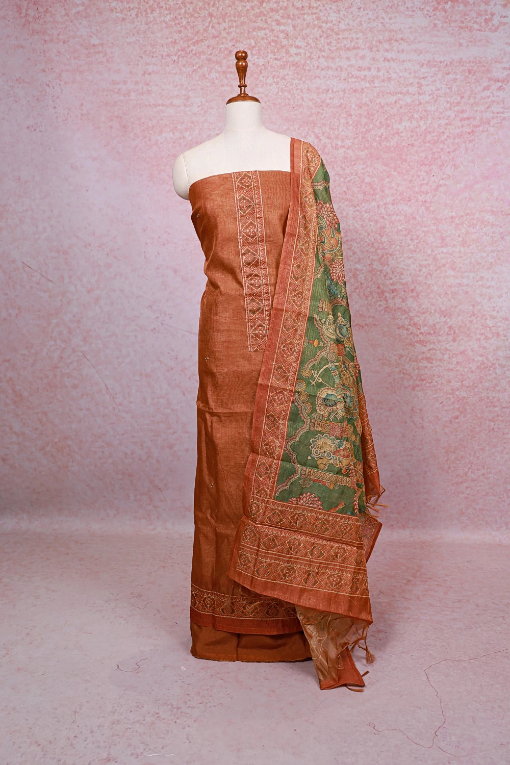 Burnt Orange Tissue Silk Printed And Kantha Work Unstitched Churidhar Material