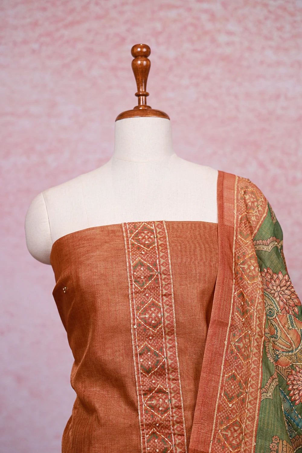 Burnt Orange Tissue Silk Printed And Kantha Work Unstitched Churidhar Material