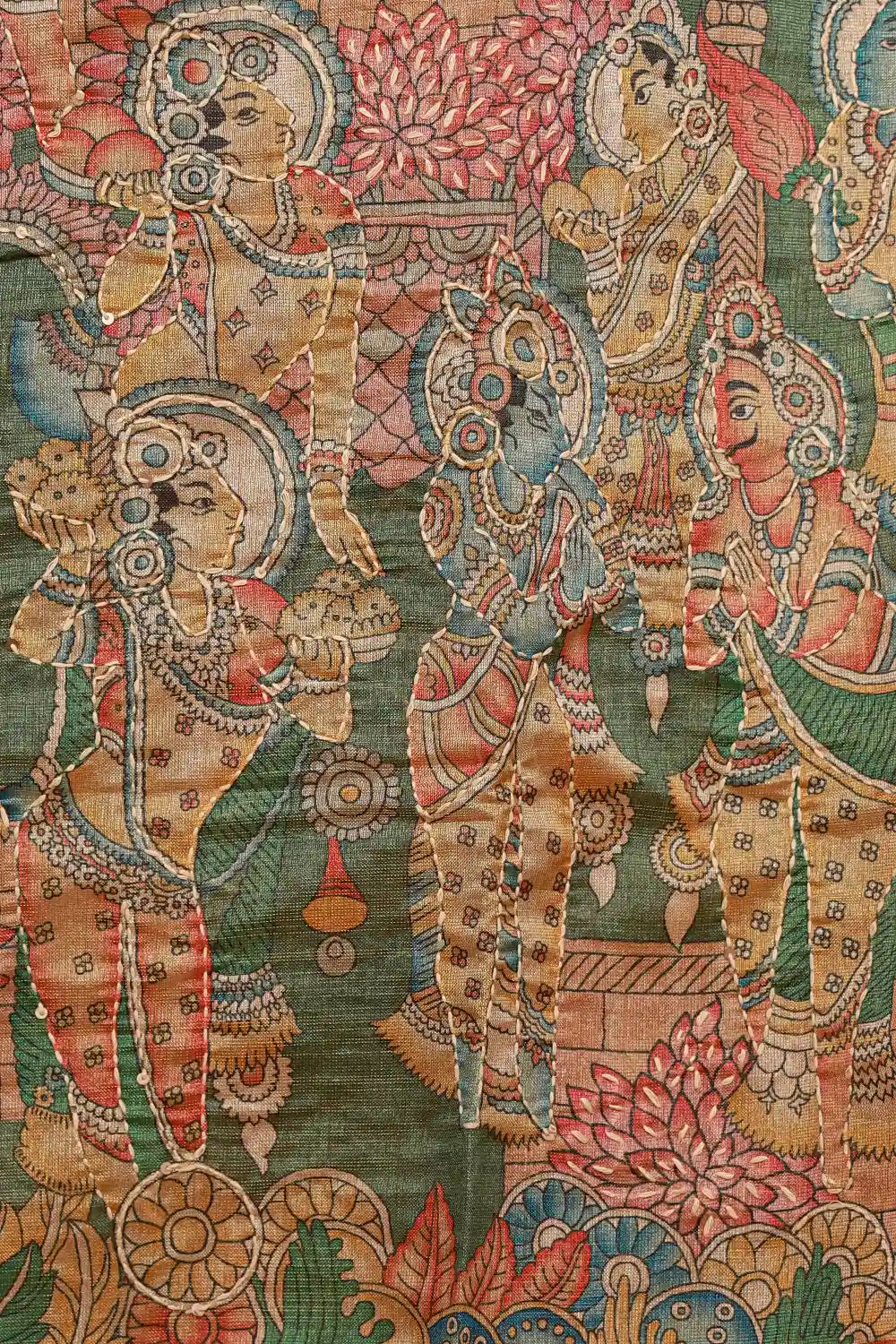 Burnt Orange Tissue Silk Printed And Kantha Work Unstitched Churidhar Material