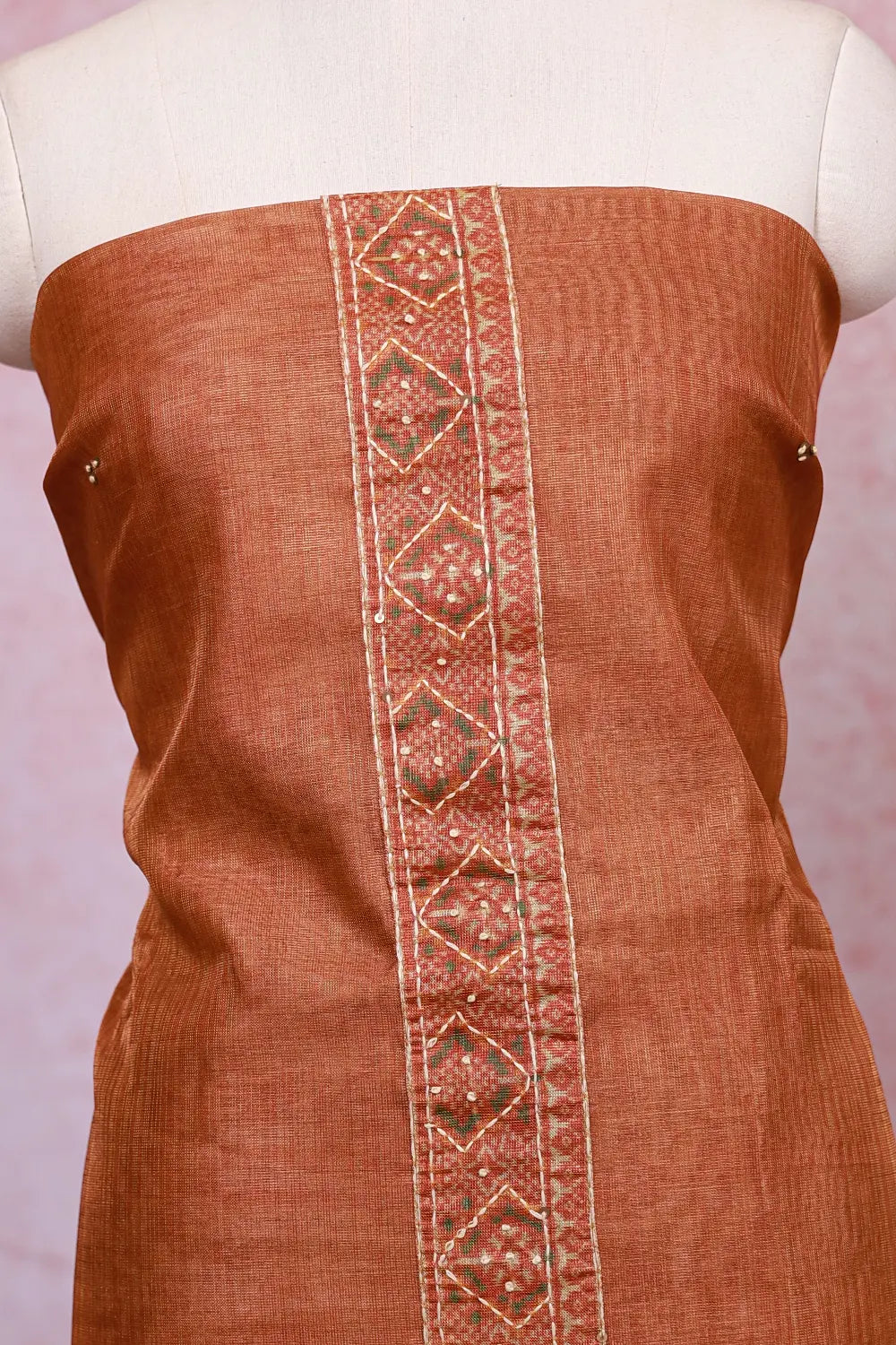Burnt Orange Tissue Silk Printed And Kantha Work Unstitched Churidhar Material