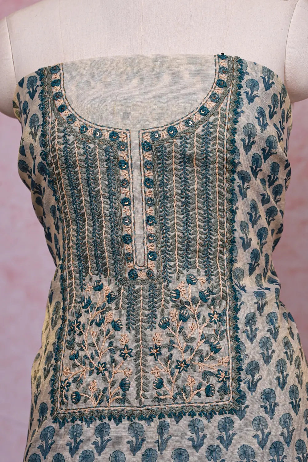 Cream Tissue Silk Printed Unstitched Churidhar Material