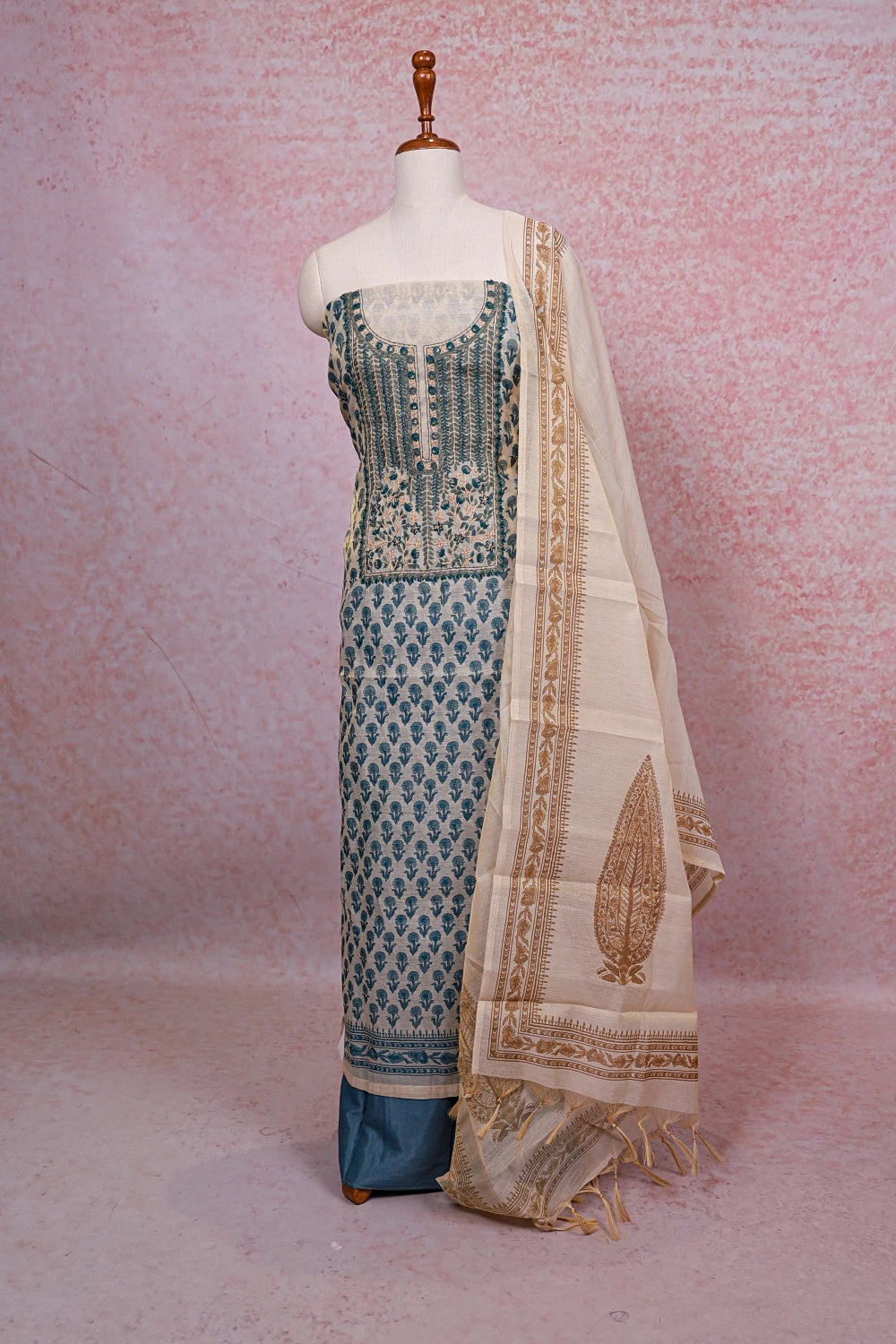 Cream Tissue Silk Printed Unstitched Churidhar Material