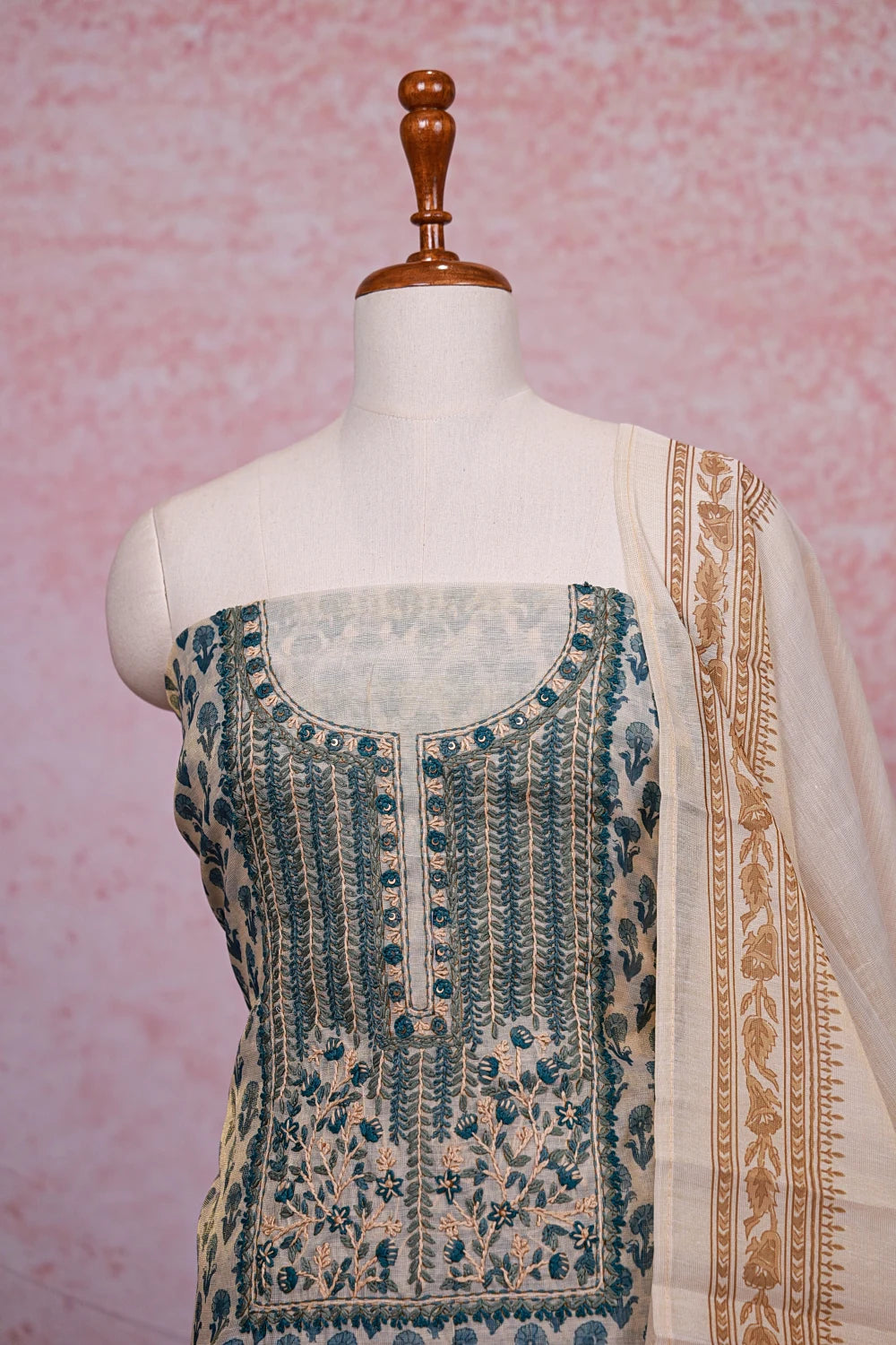 Cream Tissue Silk Printed Unstitched Churidhar Material