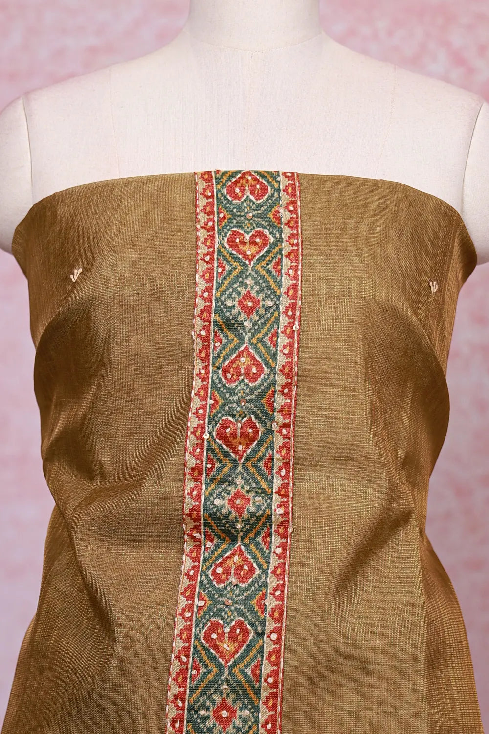 Moss Green Tissue Silk Kantha Work Unstitched Churidhar Material