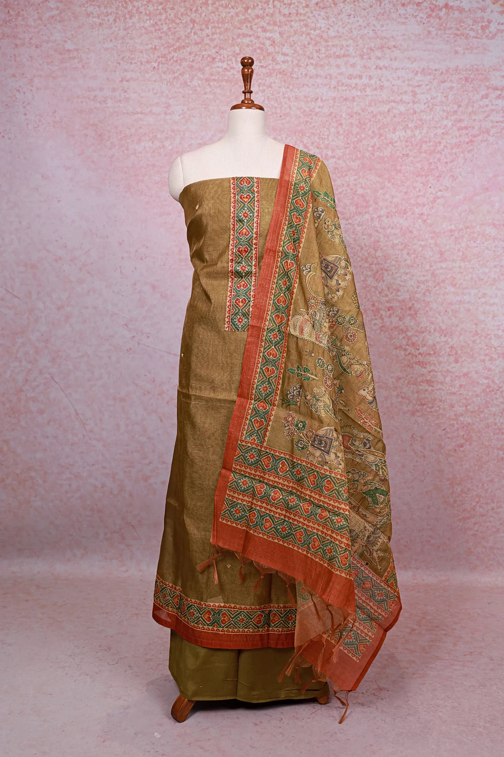 Moss Green Tissue Silk Kantha Work Unstitched Churidhar Material