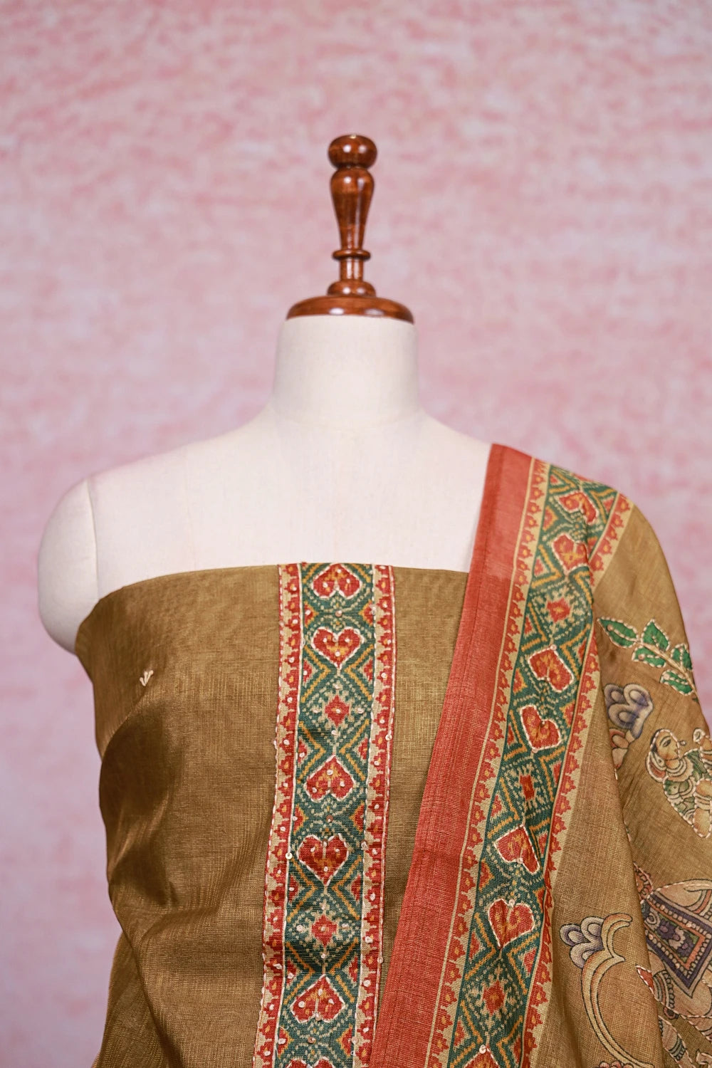 Moss Green Tissue Silk Kantha Work Unstitched Churidhar Material