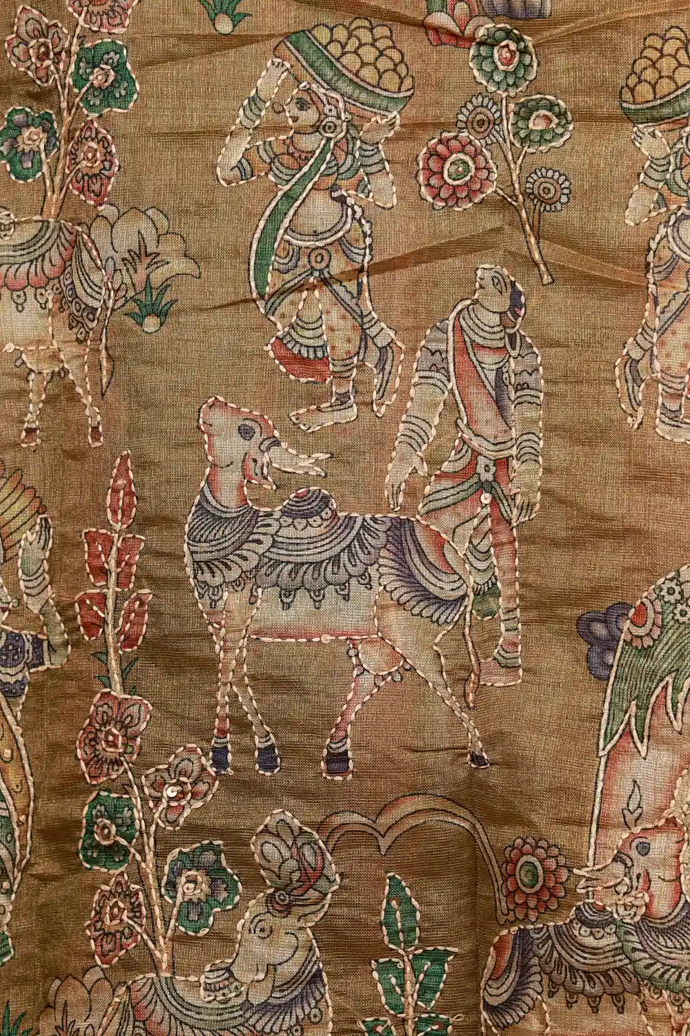 Moss Green Tissue Silk Kantha Work Unstitched Churidhar Material