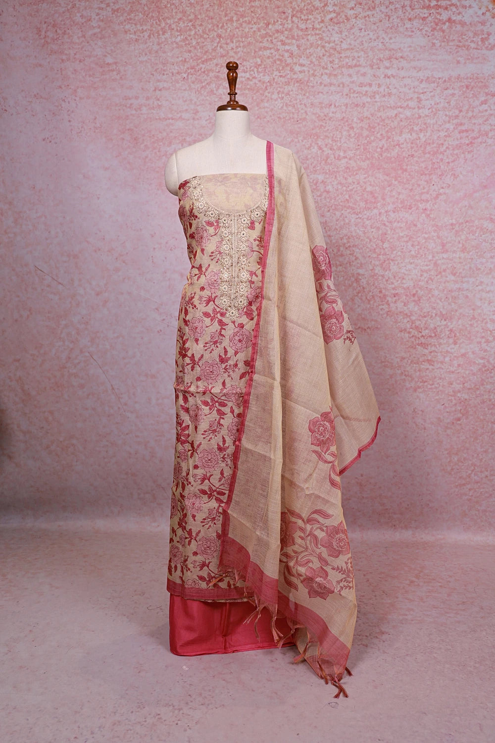 Cream Tissue Silk Printed Unstitched Churidhar Material
