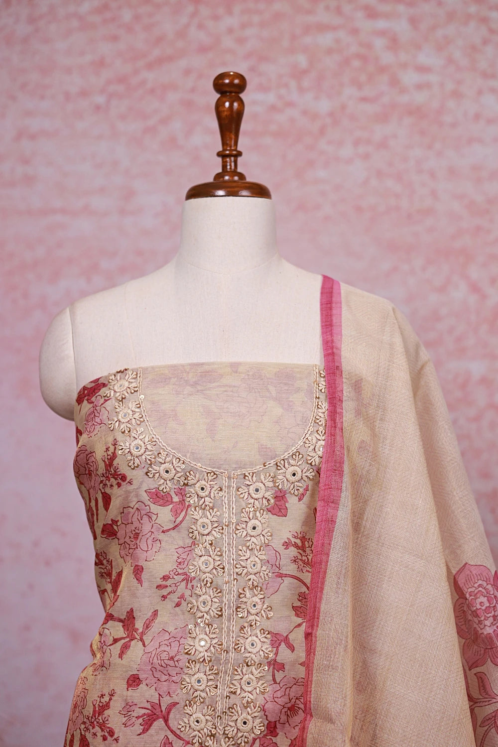 Cream Tissue Silk Printed Unstitched Churidhar Material