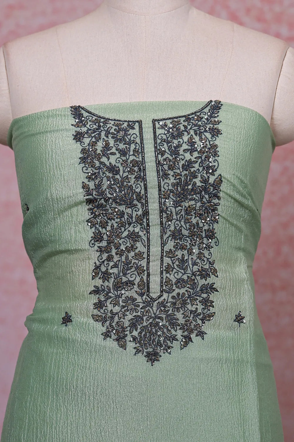 Mint Green Crush Silk Beads Work Unstitched Churidhar Material