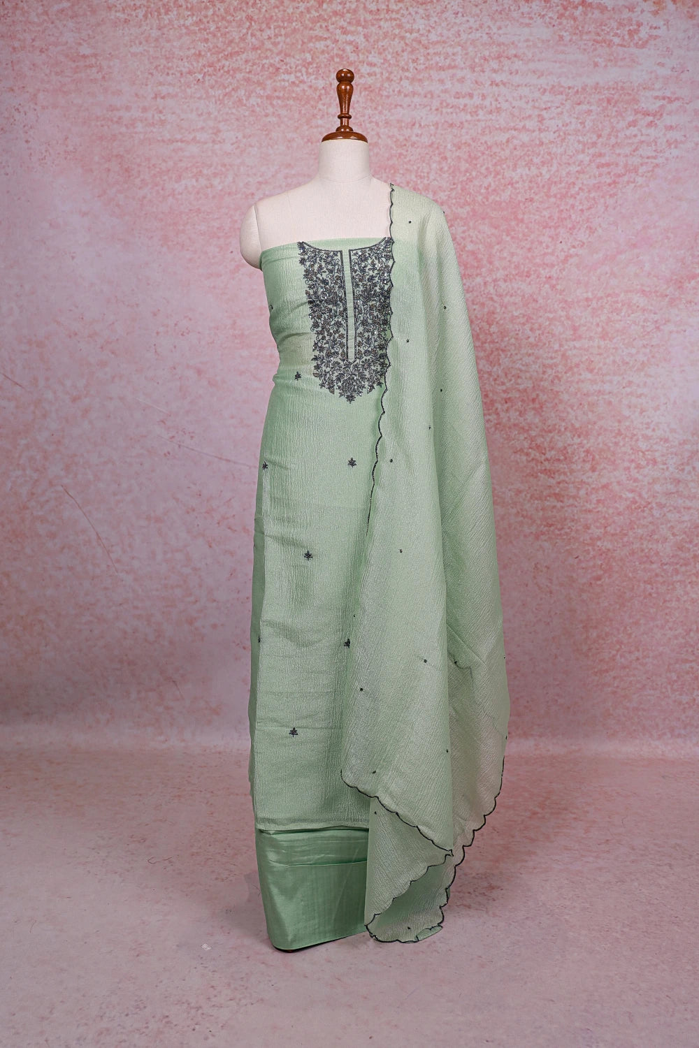 Mint Green Crush Silk Beads Work Unstitched Churidhar Material