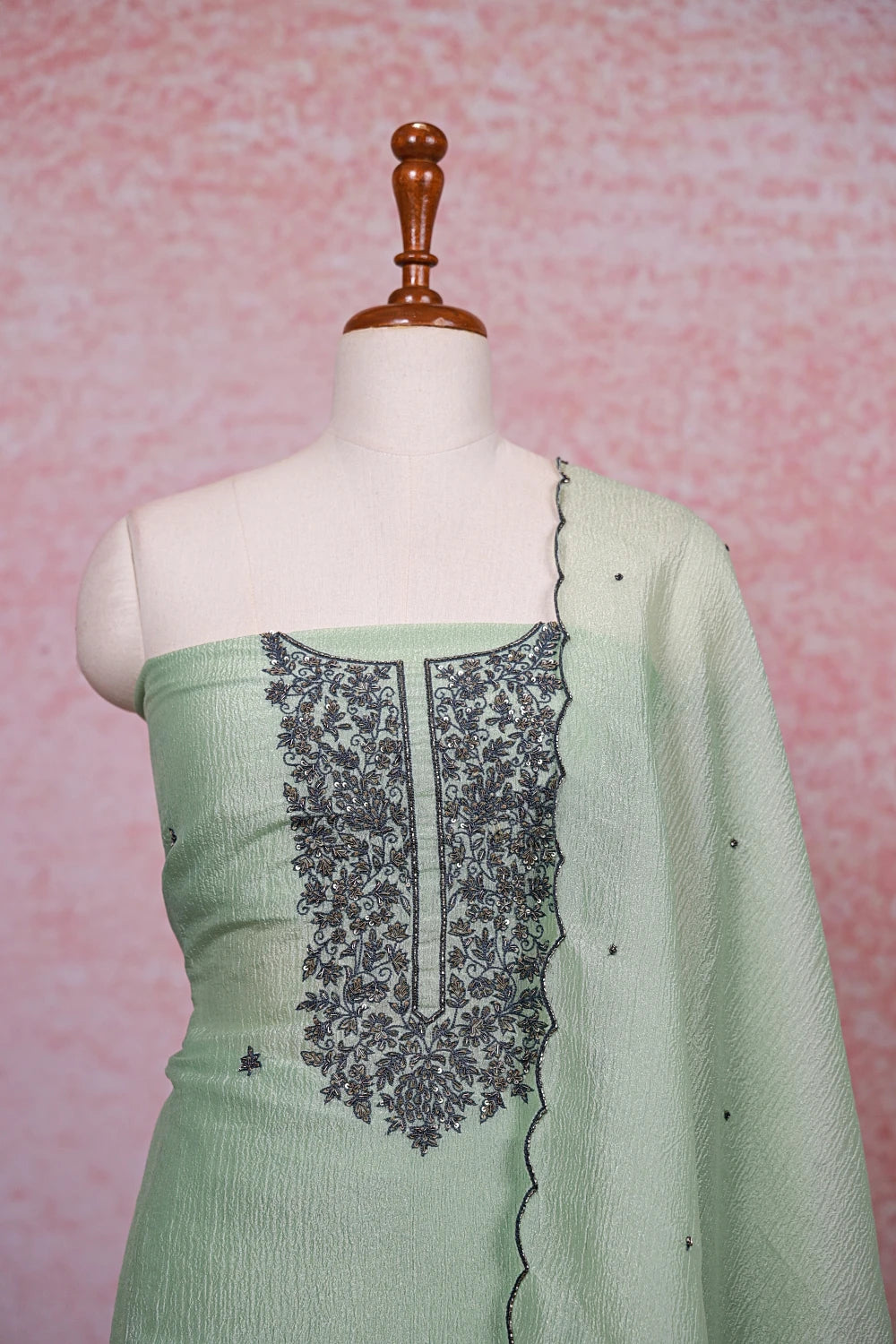 Mint Green Crush Silk Beads Work Unstitched Churidhar Material