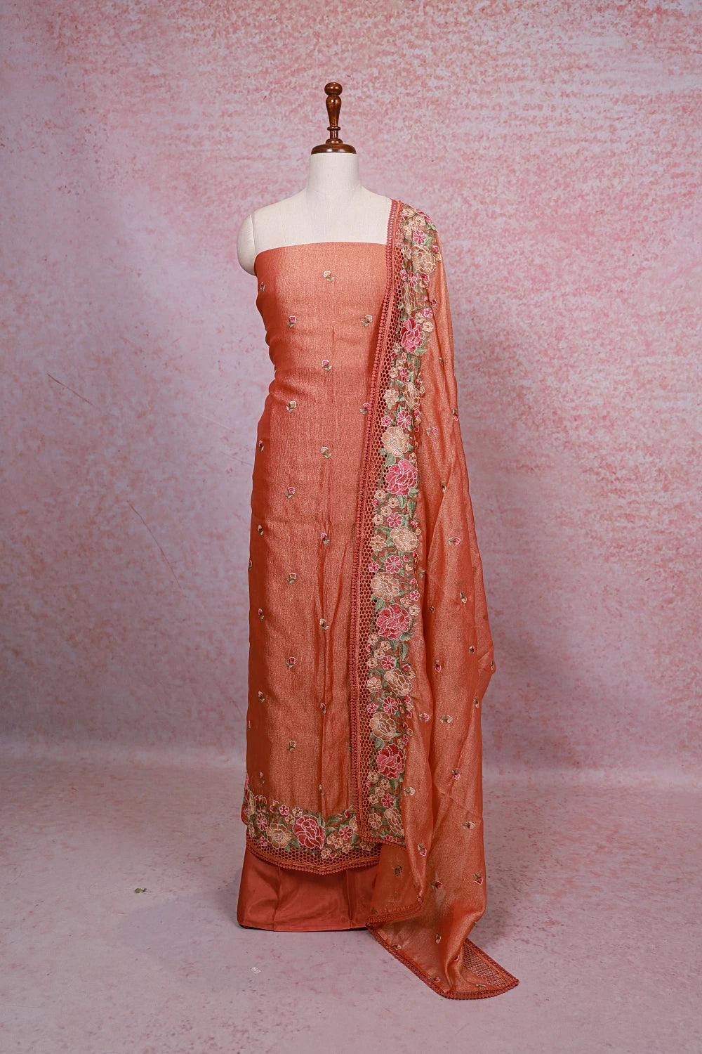 Peach Orange Crush Silk Embroidery Unstitched Churidhar Material
