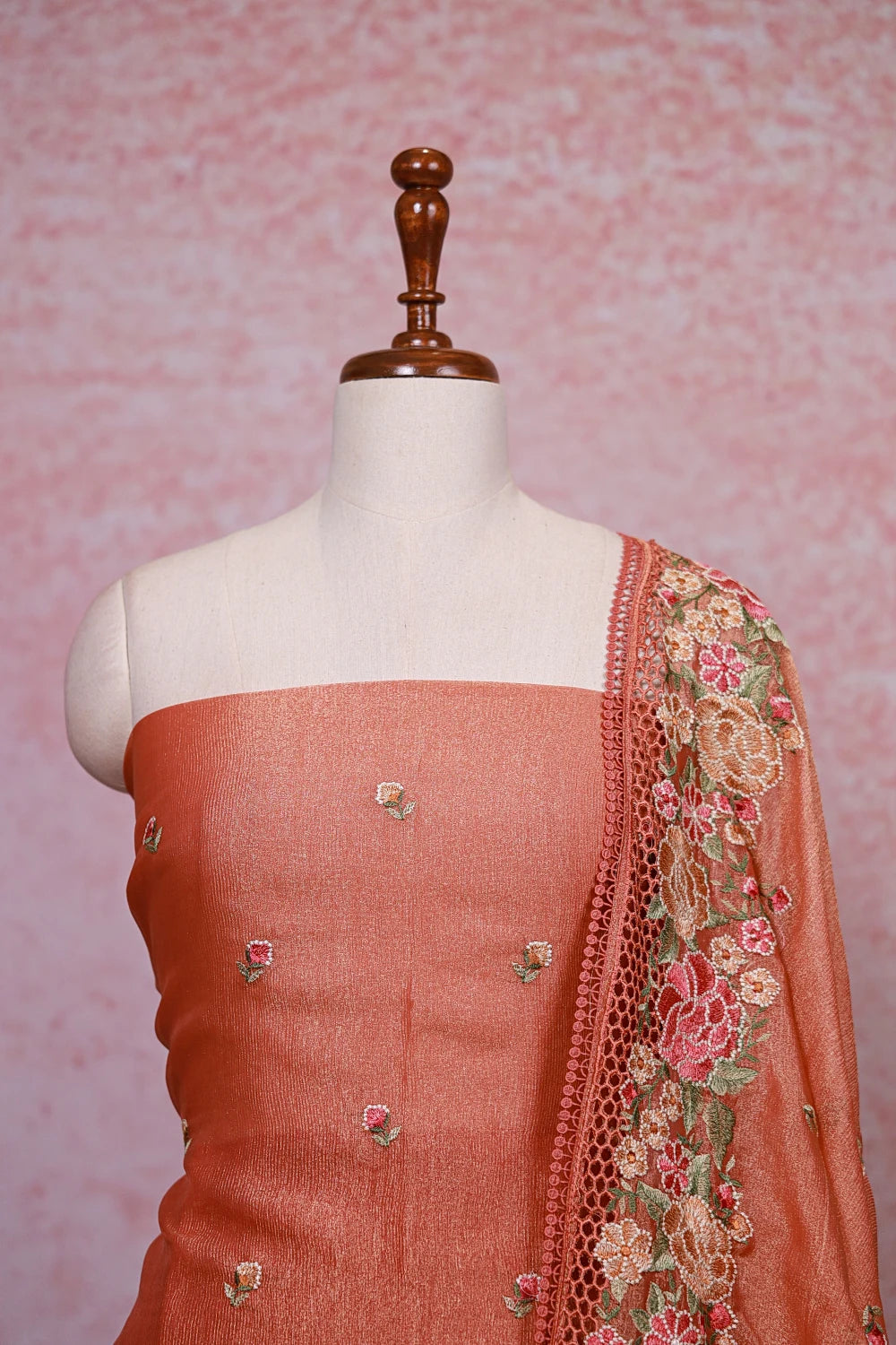 Peach Orange Crush Silk Embroidery Unstitched Churidhar Material