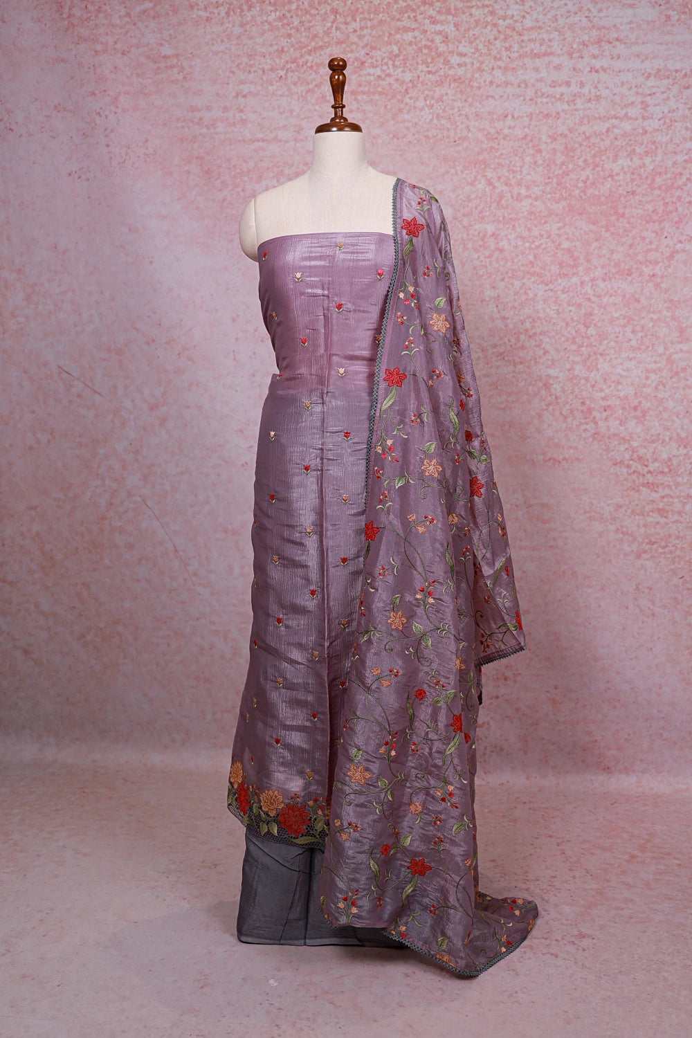Greyish lavender Crush Organza Embroidery Unstitched Churidhar Material