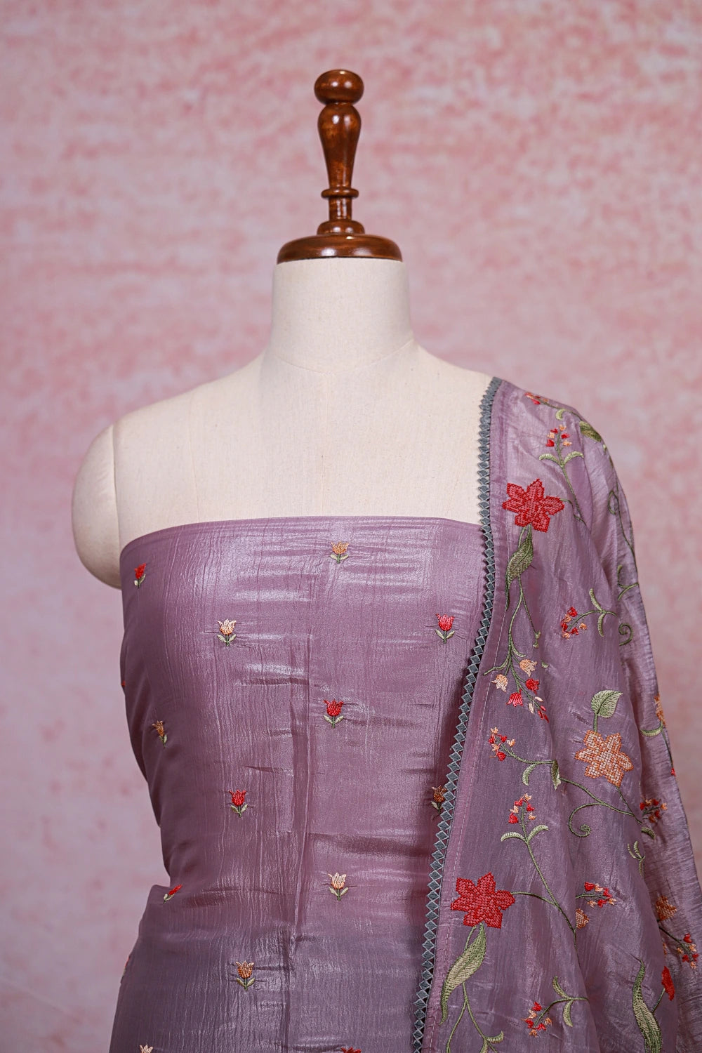 Greyish lavender Crush Organza Embroidery Unstitched Churidhar Material