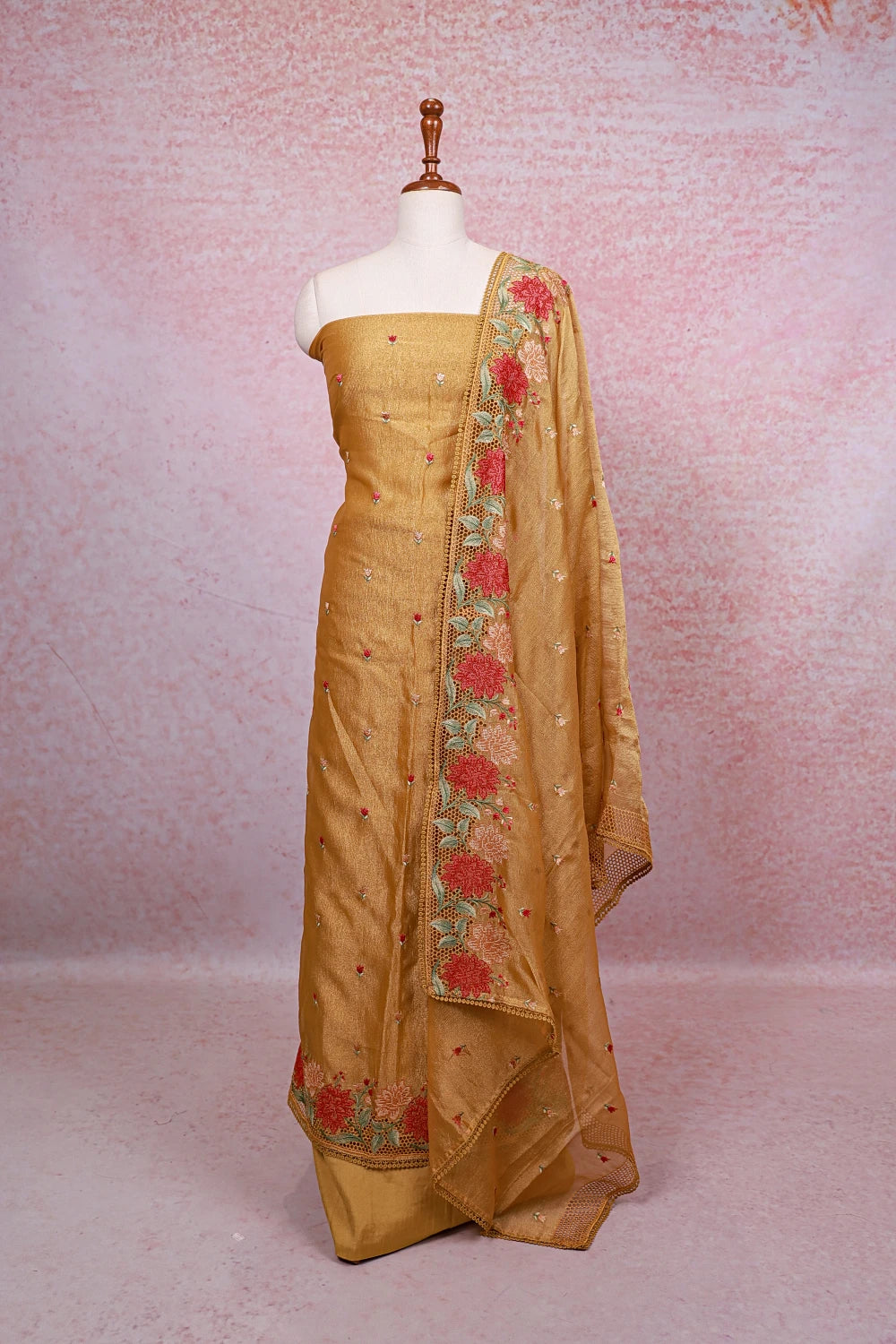 Golden Yellow Tissue Organza Embroidery Unstitched Churidhar Material