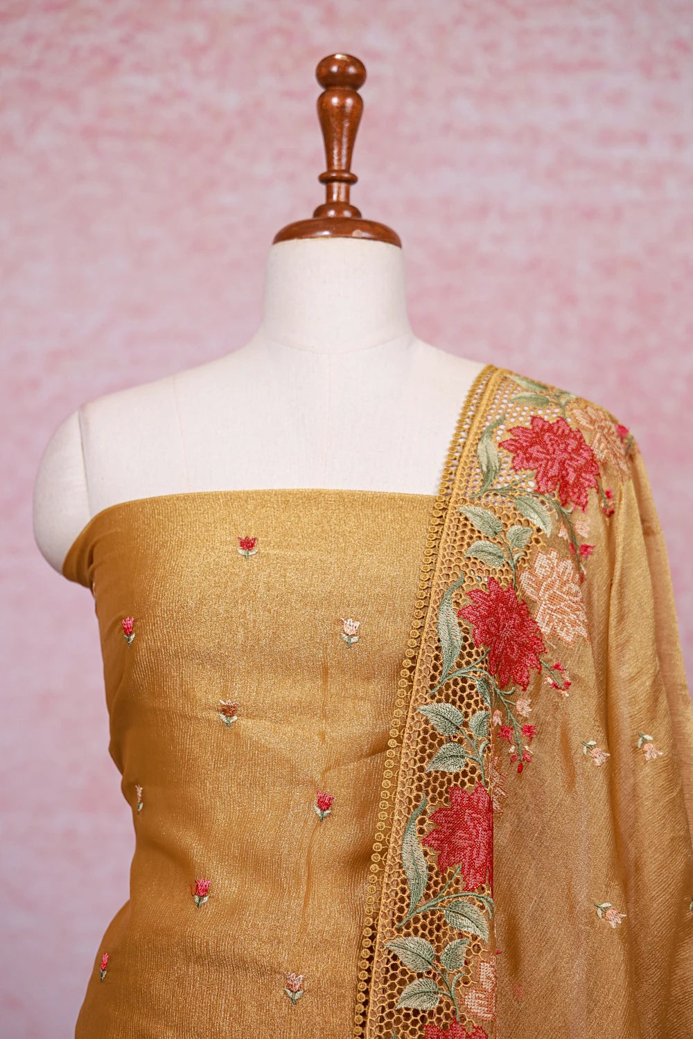 Golden Yellow Tissue Organza Embroidery Unstitched Churidhar Material