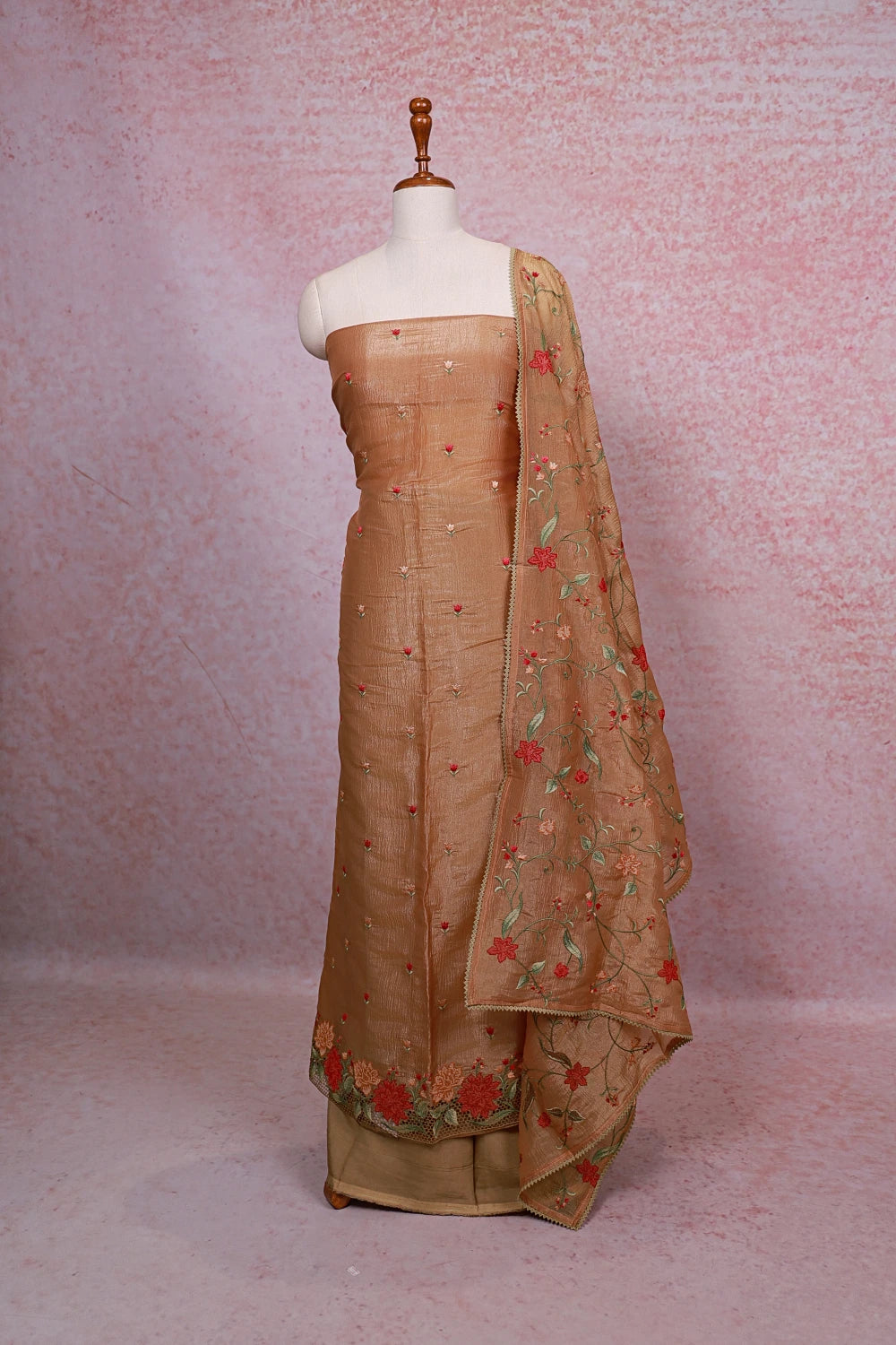 Golden Color Crush Silk Embroidery Unstitched Churidhar Material