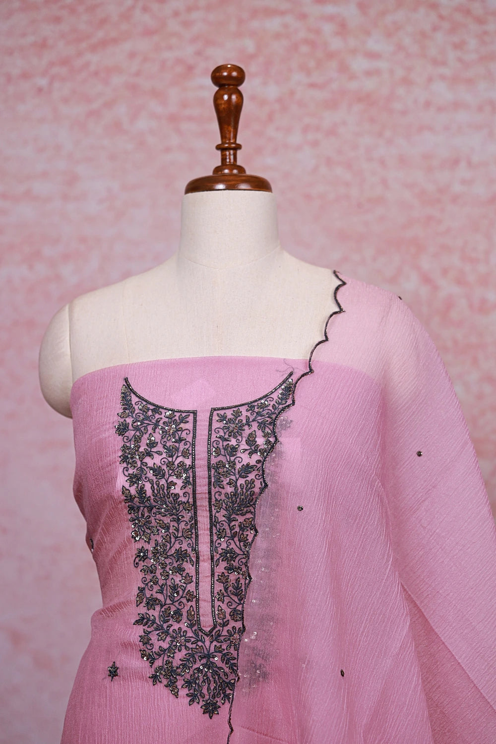 Pink Crush Silk Beads Work Unstitched Churidhar Material
