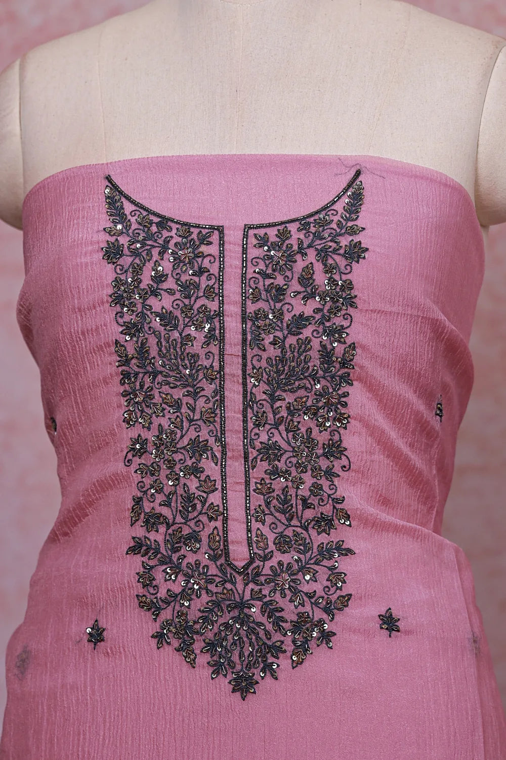 Pink Crush Silk Beads Work Unstitched Churidhar Material
