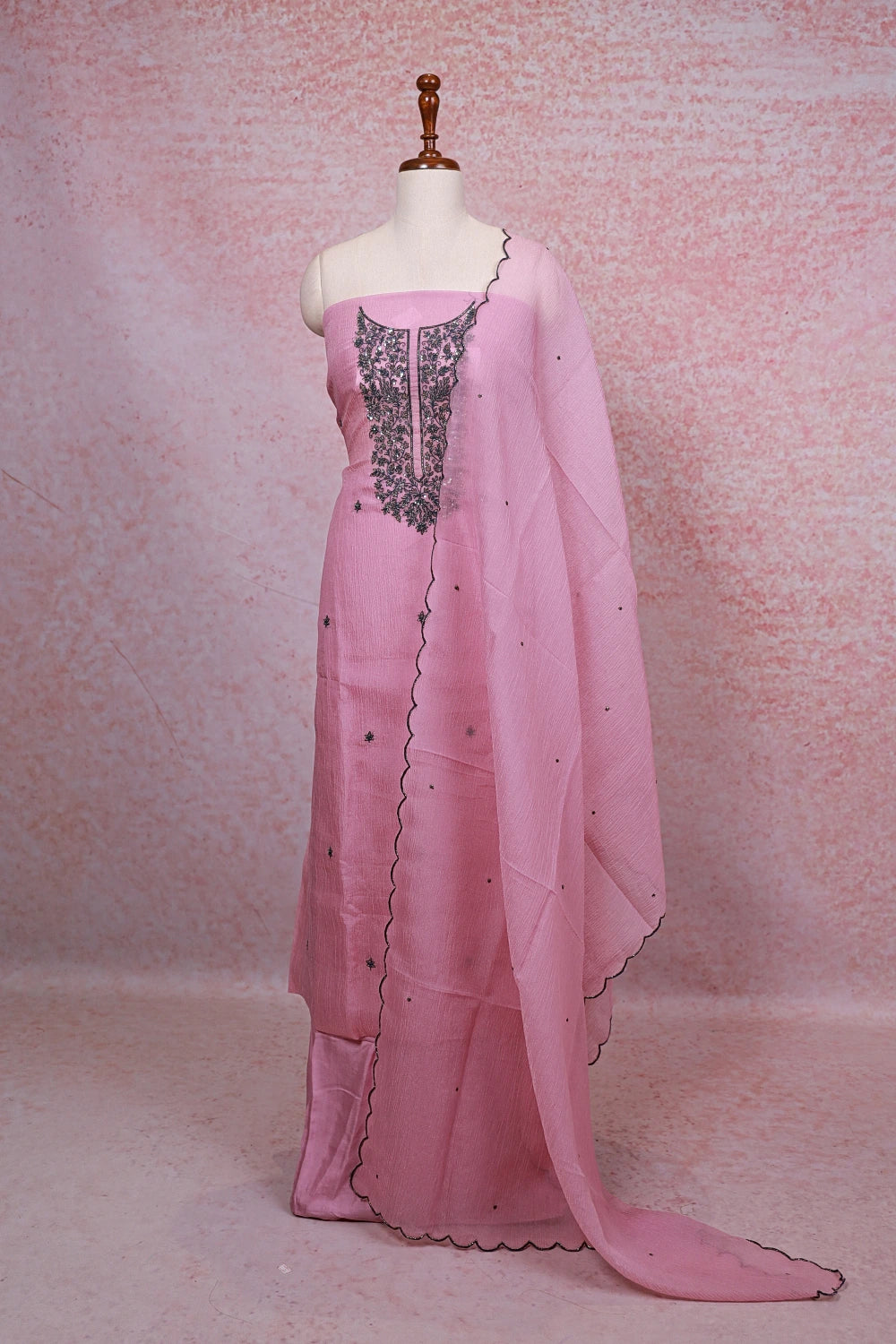 Pink Crush Silk Beads Work Unstitched Churidhar Material
